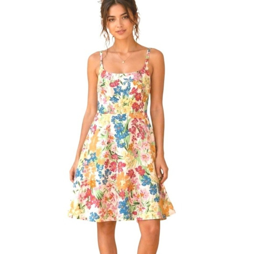 Old Navy Floral Linen Blnd Mini Dress Small Smocked Cottage Coastal Beach Resort